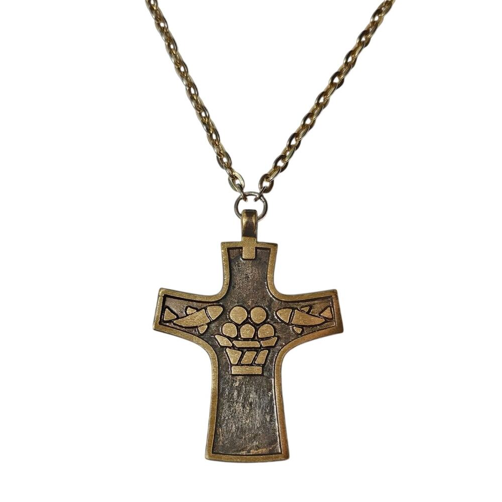 Vintage 1960s Terra Sancta Guild Loaves and Fishes Bronze Enamel Cross Necklace